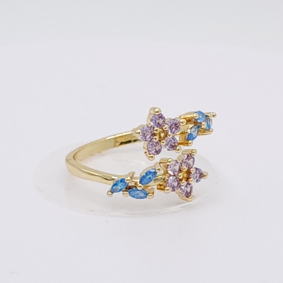 Adjustable Zircon Leaf & Flower Ring Gold Tone Purple & Blue Stones NWOT - Picture 4 of 15